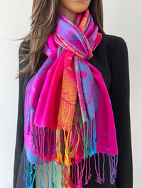 LARGE FUCHSIA PINK RAINBOW FEATHER AND LEAF PRINT PASHMINA SHAWL SCARF