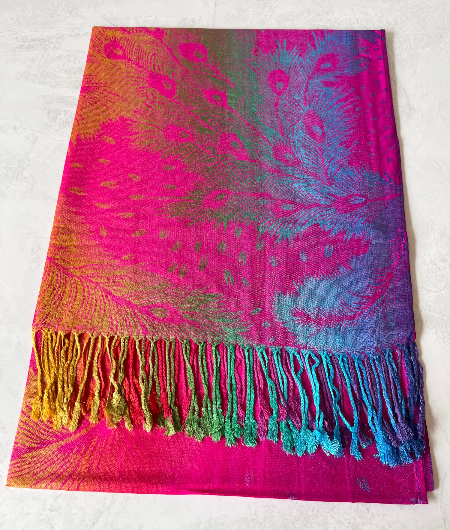LARGE FUCHSIA PINK RAINBOW FEATHER AND LEAF PRINT PASHMINA SHAWL SCARF
