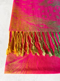 LARGE FUCHSIA PINK RAINBOW FEATHER AND LEAF PRINT PASHMINA SHAWL SCARF