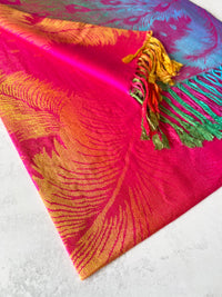 LARGE FUCHSIA PINK RAINBOW FEATHER AND LEAF PRINT PASHMINA SHAWL SCARF