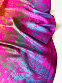 LARGE FUCHSIA PINK RAINBOW FEATHER AND LEAF PRINT PASHMINA SHAWL SCARF