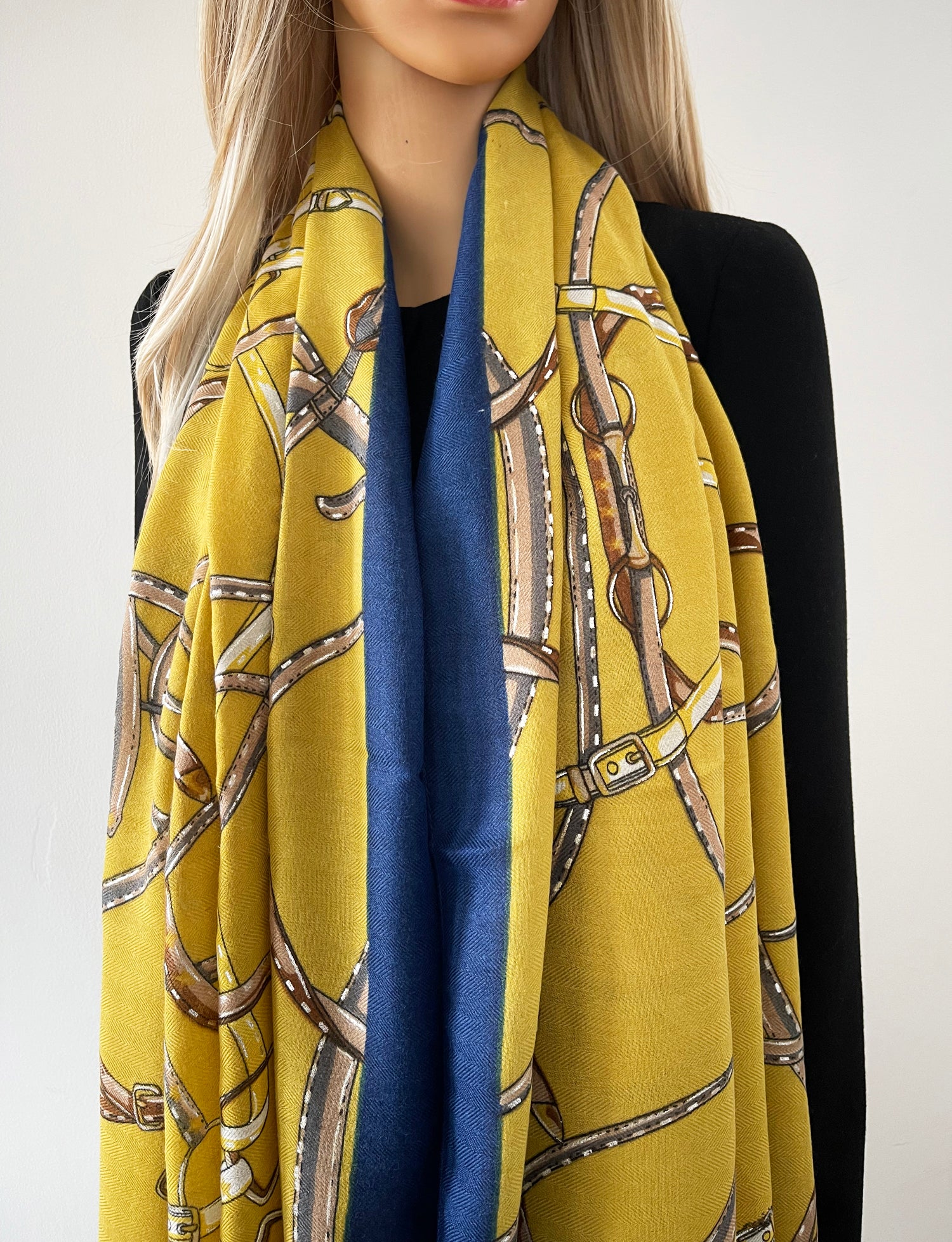 LARGE MUSTARD YELLOW CONTEMPORARY BUCKLE PRINT PASHMINA SHAWL SCARF - A-SHU.CO.UK