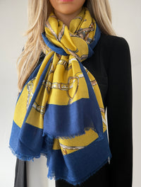 LARGE MUSTARD YELLOW CONTEMPORARY BUCKLE PRINT PASHMINA SHAWL SCARF - A-SHU.CO.UK