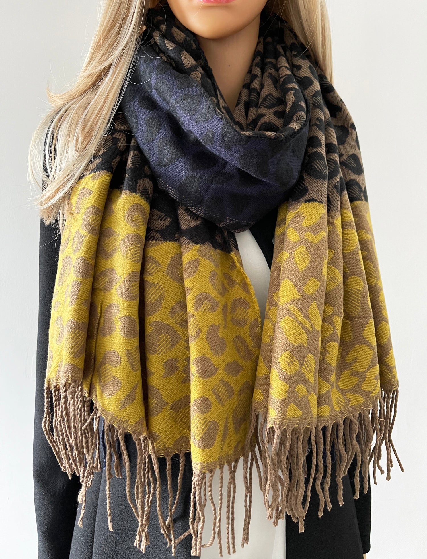 LARGE WOOL MIX THICK LEOPARD PRINT SHAWL - MUSTARD - A-SHU.CO.UK