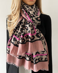 LARGE BLUSH PINK STRIPE LEOPARD PRINT SCARF - A-SHU.CO.UK