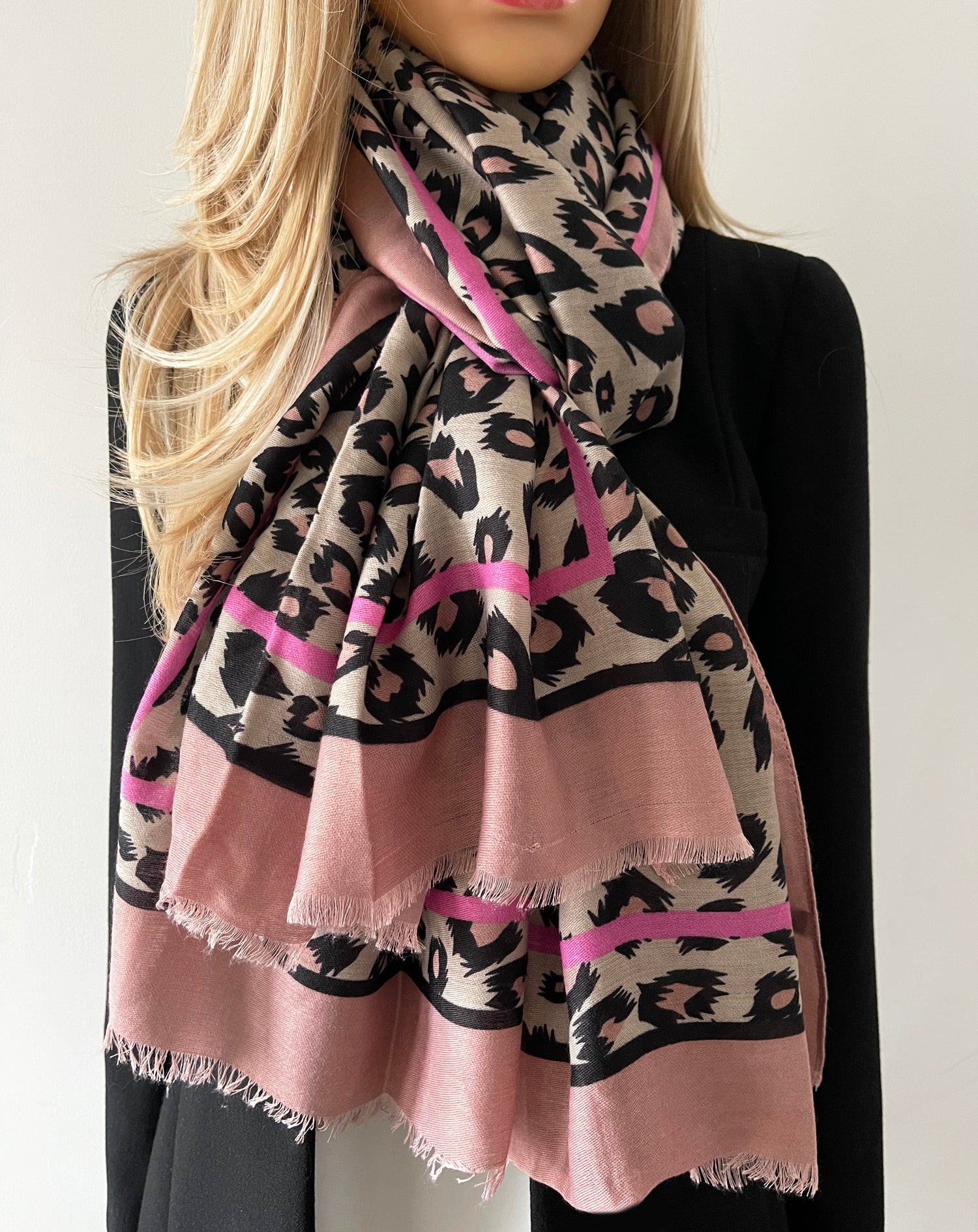 LARGE BLUSH PINK STRIPE LEOPARD PRINT SCARF - A-SHU.CO.UK