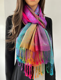 LARGE FUSCHIA PINK RAINBOW FLORAL PAISLEY PASHMINA SHAWL SCARF - A-SHU.CO.UK