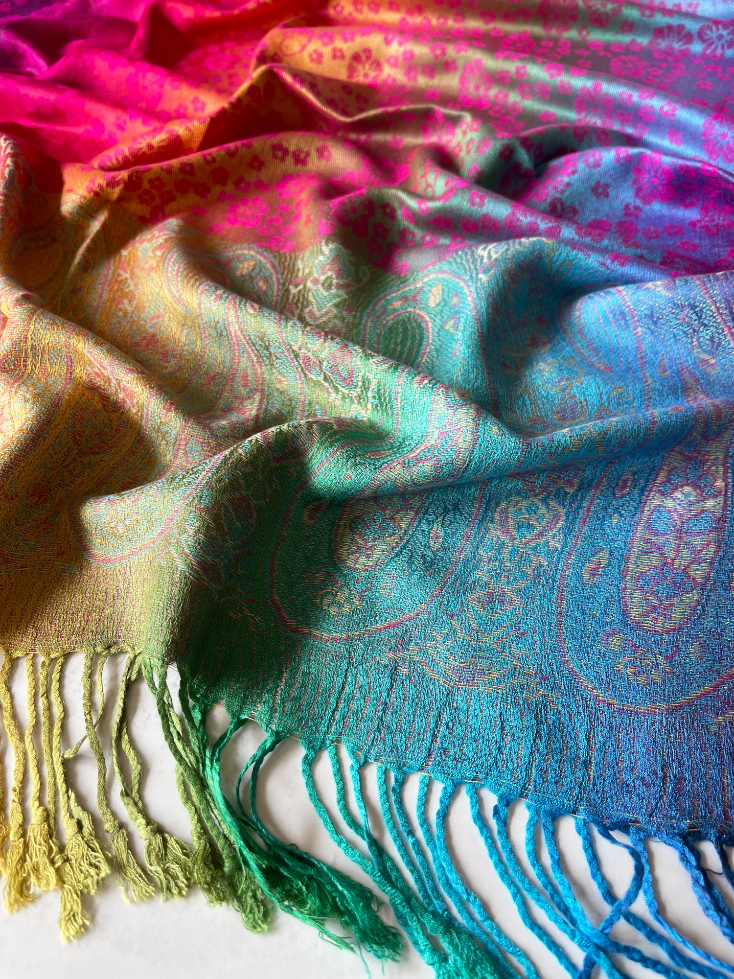 LARGE FUSCHIA PINK RAINBOW FLORAL PAISLEY PASHMINA SHAWL SCARF - A-SHU.CO.UK