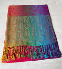 LARGE FUSCHIA PINK RAINBOW FLORAL PAISLEY PASHMINA SHAWL SCARF - A-SHU.CO.UK