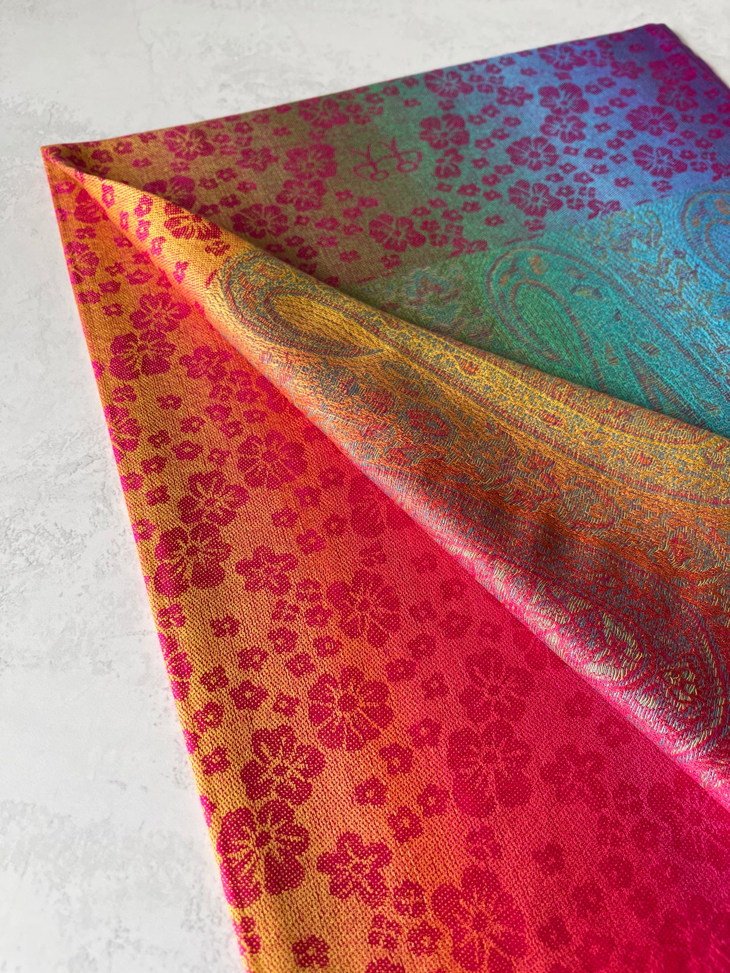 LARGE FUSCHIA PINK RAINBOW FLORAL PAISLEY PASHMINA SHAWL SCARF - A-SHU.CO.UK