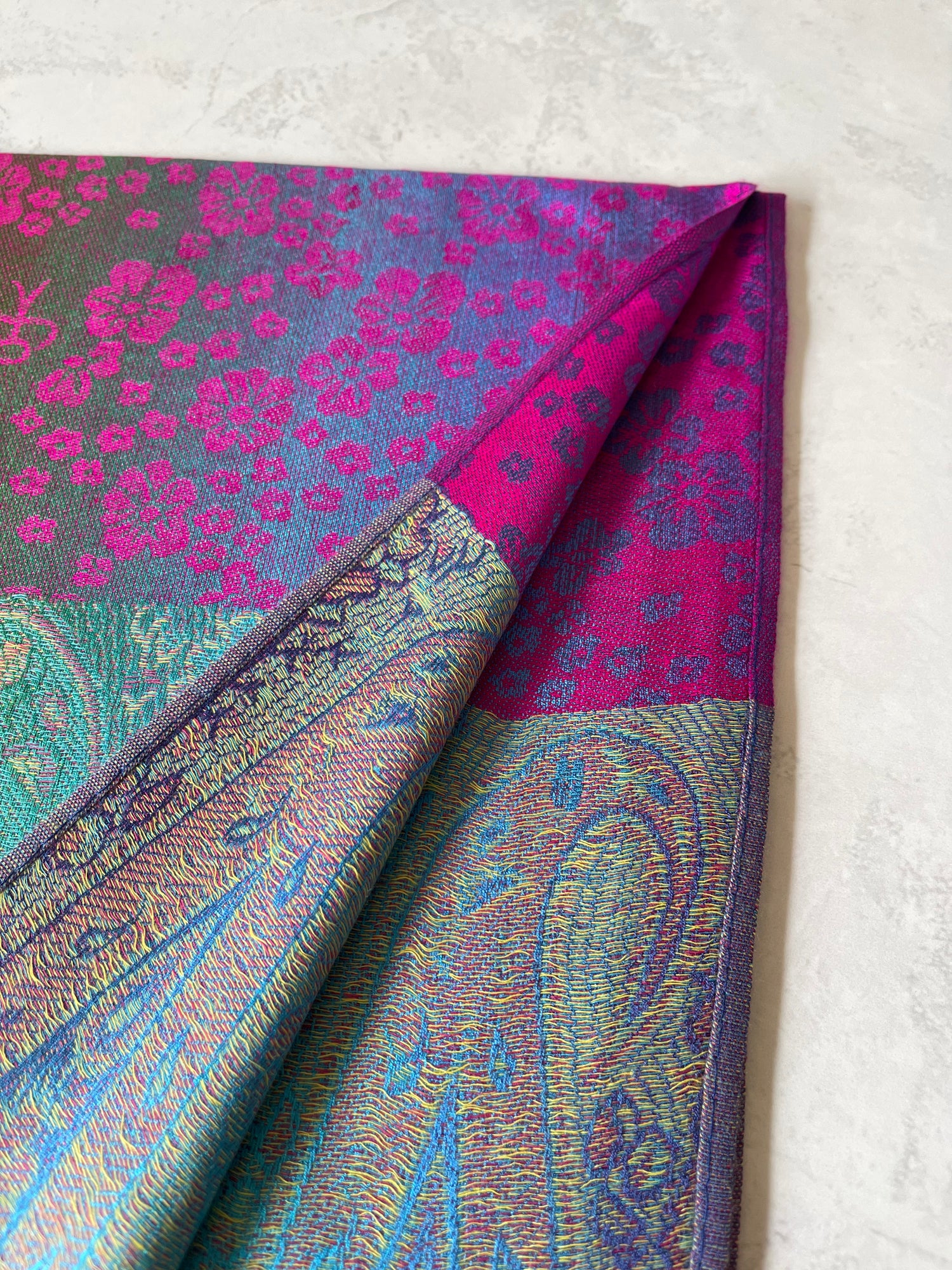 LARGE FUSCHIA PINK RAINBOW FLORAL PAISLEY PASHMINA SHAWL SCARF - A-SHU.CO.UK