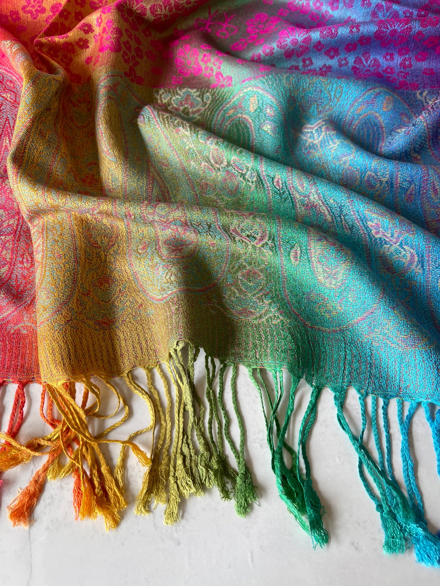 LARGE FUSCHIA PINK RAINBOW FLORAL PAISLEY PASHMINA SHAWL SCARF - A-SHU.CO.UK