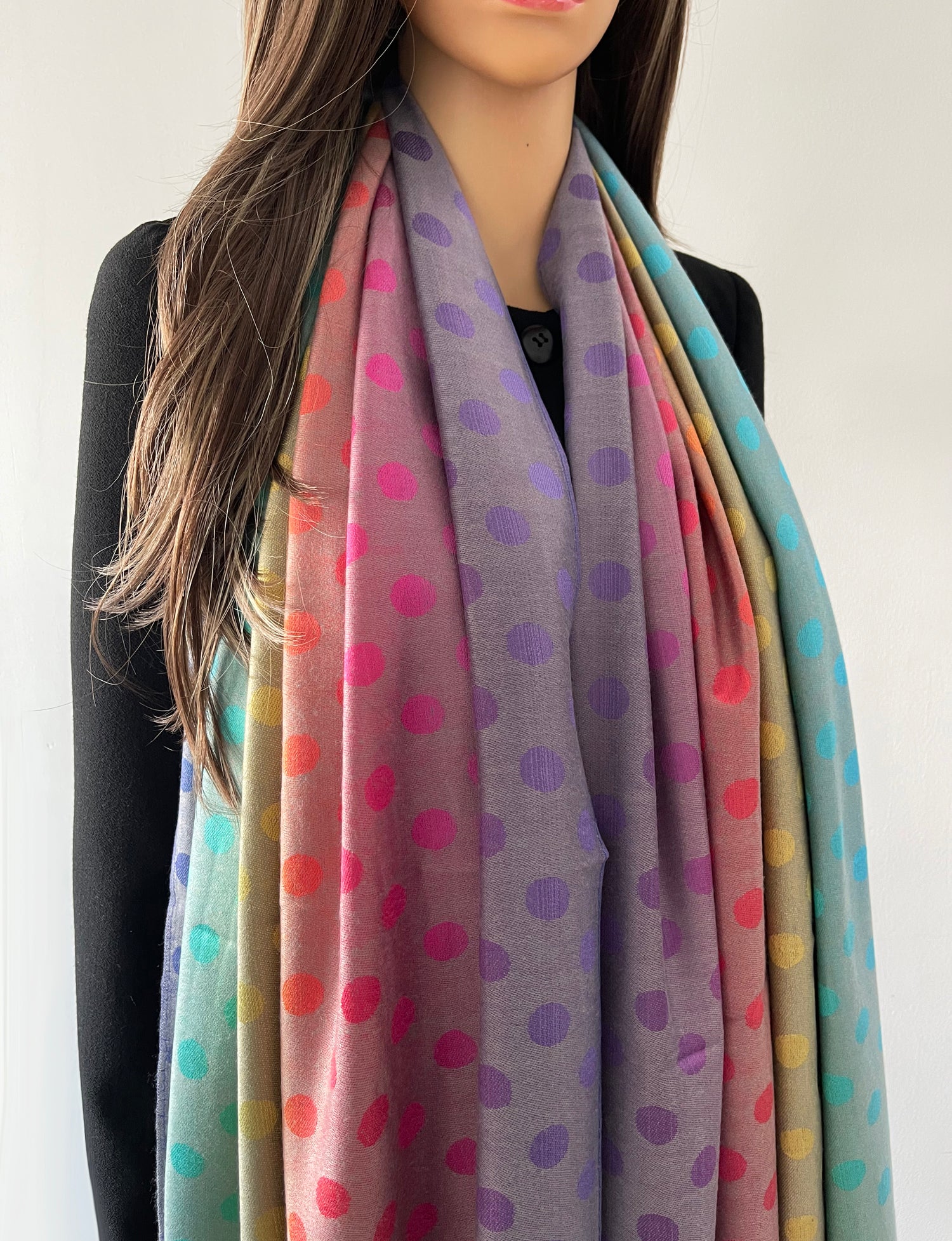 LARGE PINKY PURPLE MULTI-COLOUR DOT PRINT PASHMINA SHAWL SCARF - A-SHU.CO.UK