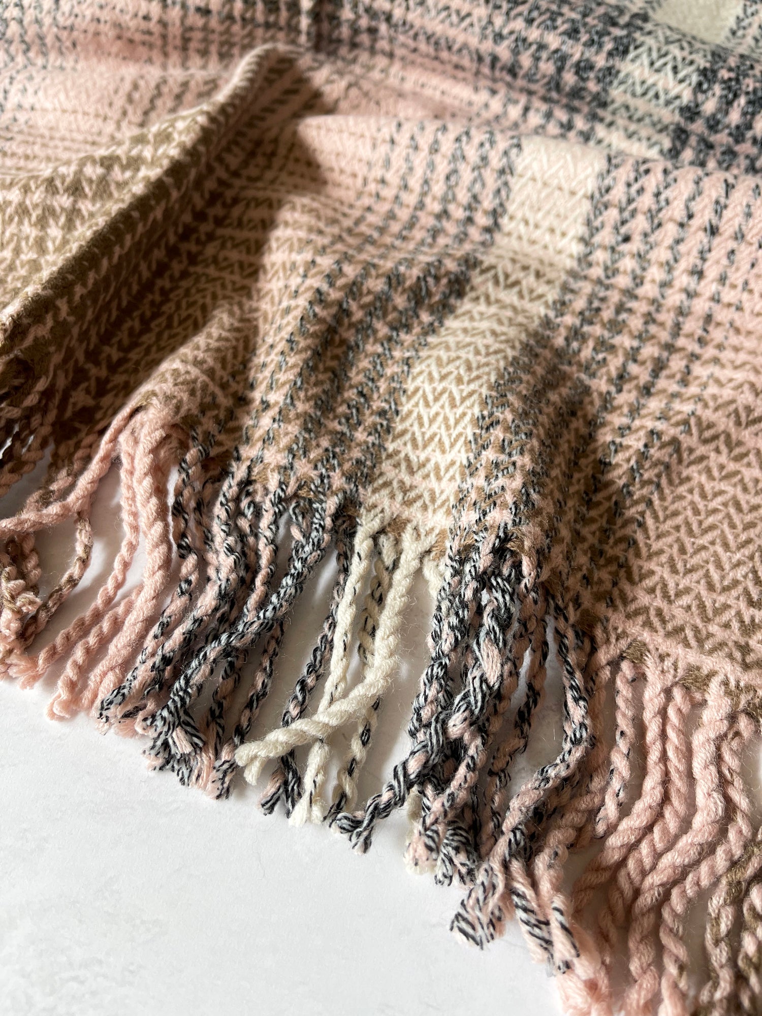 LARGE WOOL MIX THICK CHECKED SHAWL - PINK - A-SHU.CO.UK