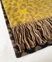 LARGE WOOL MIX THICK LEOPARD PRINT SHAWL - MUSTARD - A-SHU.CO.UK
