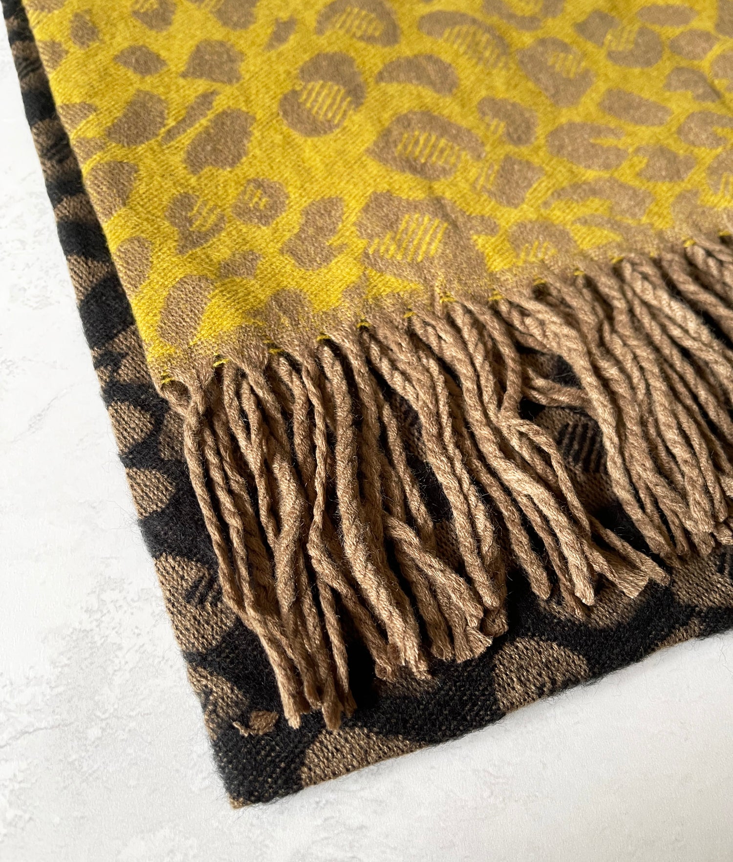 LARGE WOOL MIX THICK LEOPARD PRINT SHAWL - MUSTARD - A-SHU.CO.UK