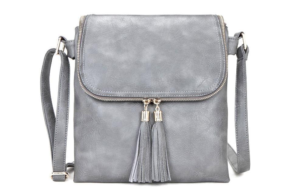 LARGE LIGHT GREY TASSEL MULTI COMPARTMENT CROSS BODY SHOULDER BAG WITH LONG STRAP - A-SHU.CO.UK