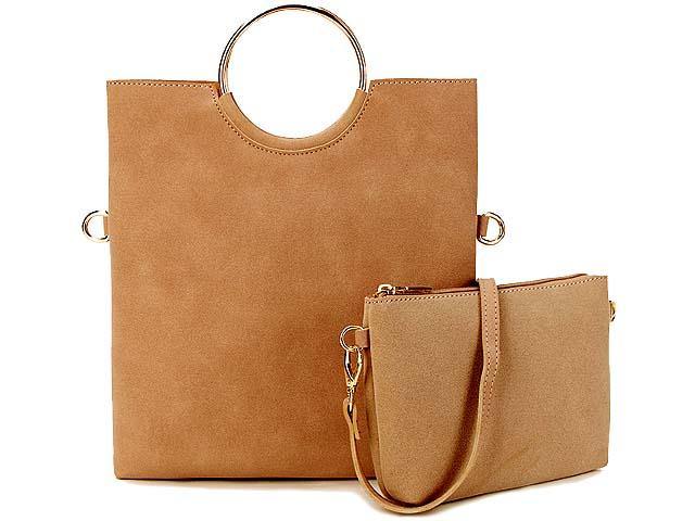 A-SHU 2 PIECE FAUX SUEDE HOLDALL HANDBAG / FOLD-OVER CLUTCH BAG WITH CROSS-BODY BAG - BLUSH PINK - A-SHU.CO.UK