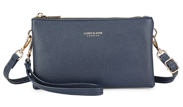 SMALL MULTI-POCKET CROSSBODY PURSE BAG WITH WRIST AND LONG STRAPS - NAVY BLUE - A-SHU.CO.UK