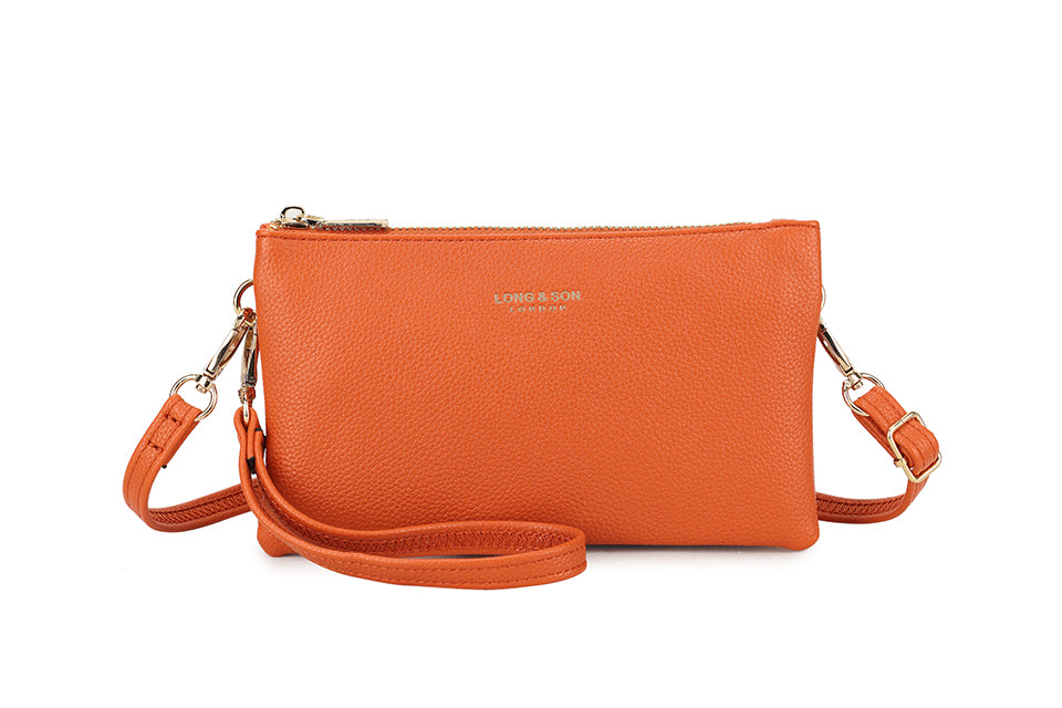 SMALL MULTI-POCKET CROSSBODY PURSE BAG WITH WRIST AND LONG STRAPS - ORANGE - A-SHU.CO.UK