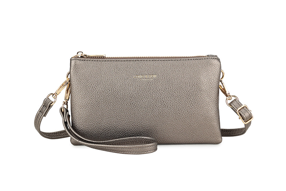 SMALL MULTI-POCKET CROSSBODY PURSE BAG WITH WRIST AND LONG STRAPS - PEWTER - A-SHU.CO.UK