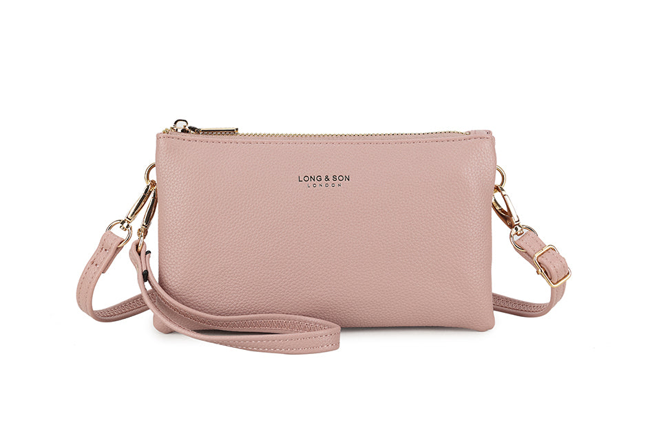 SMALL MULTI-POCKET CROSSBODY PURSE BAG WITH WRIST AND LONG STRAPS - LIGHT PINK - A-SHU.CO.UK