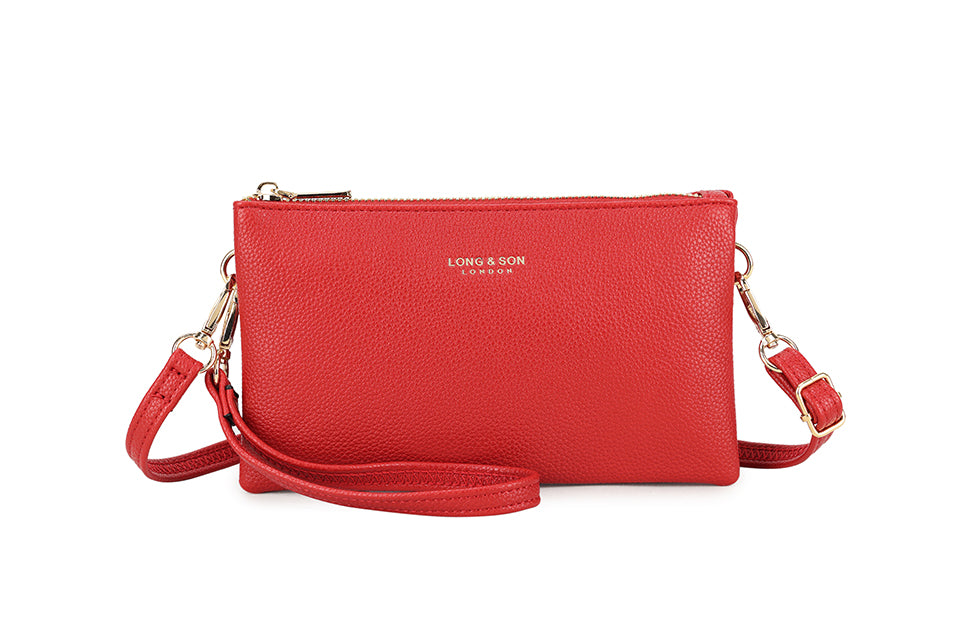 SMALL MULTI-POCKET CROSSBODY PURSE BAG WITH WRIST AND LONG STRAPS - RED - A-SHU.CO.UK