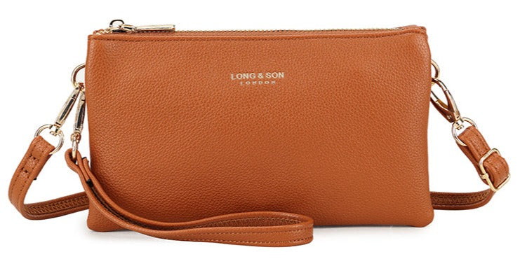 SMALL MULTI-POCKET CROSSBODY PURSE BAG WITH WRIST AND LONG STRAPS - TAN - A-SHU.CO.UK