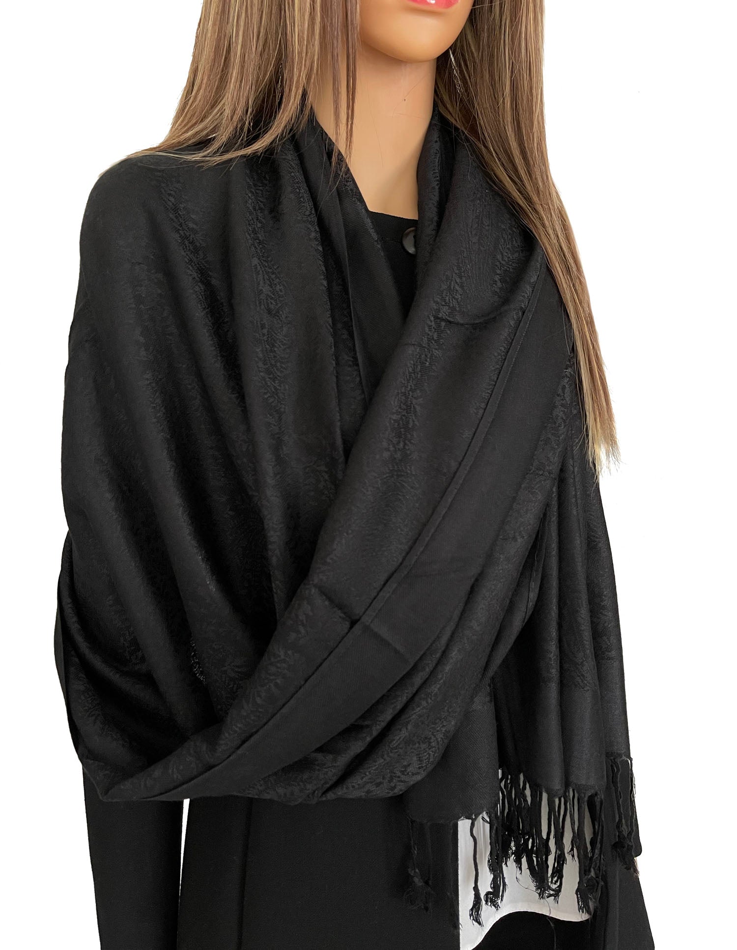 BLACK PAISLEY PRINT REVERSIBLE PASHMINA SHAWL SCARF - A-SHU.CO.UK