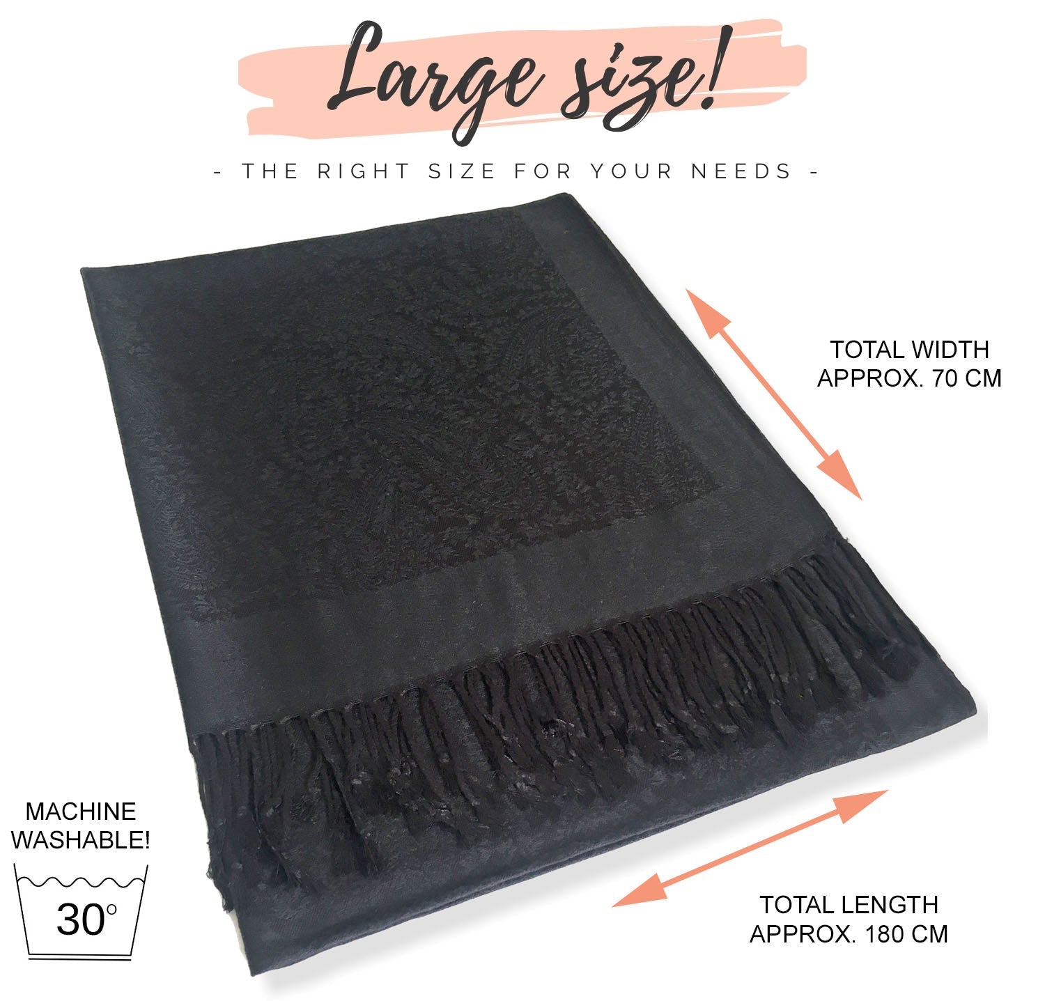BLACK PAISLEY PRINT REVERSIBLE PASHMINA SHAWL SCARF - A-SHU.CO.UK