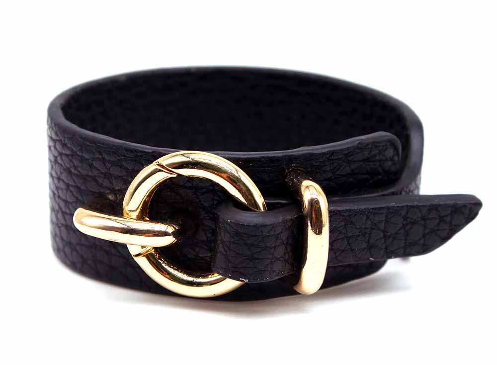 A-SHU BLACK GENUINE LEATHER WIDE CUFF BRACELET WITH BUCKLE CLOSURE - A-SHU.CO.UK