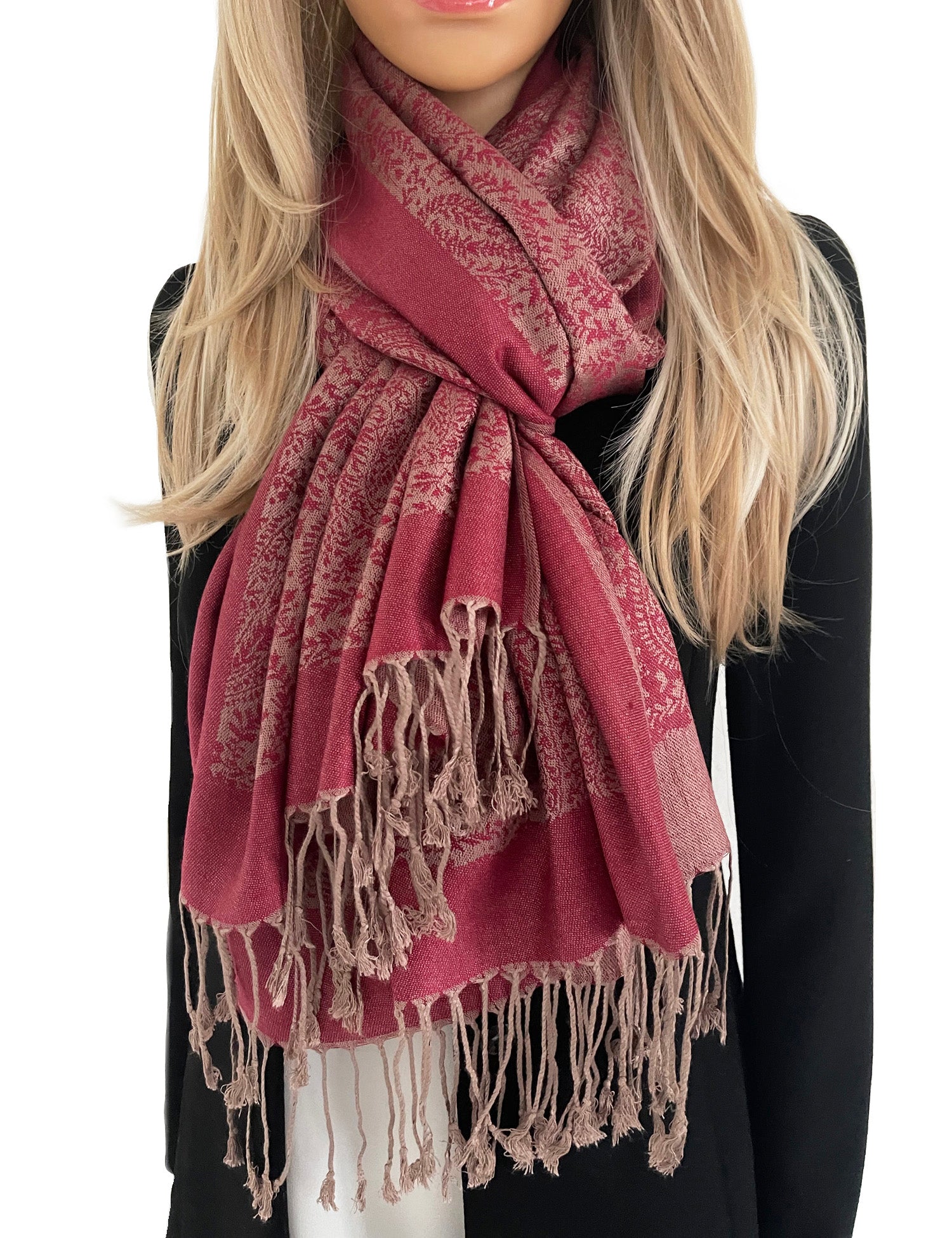BURGUNDY PAISLEY PRINT REVERSIBLE PASHMINA SHAWL SCARF