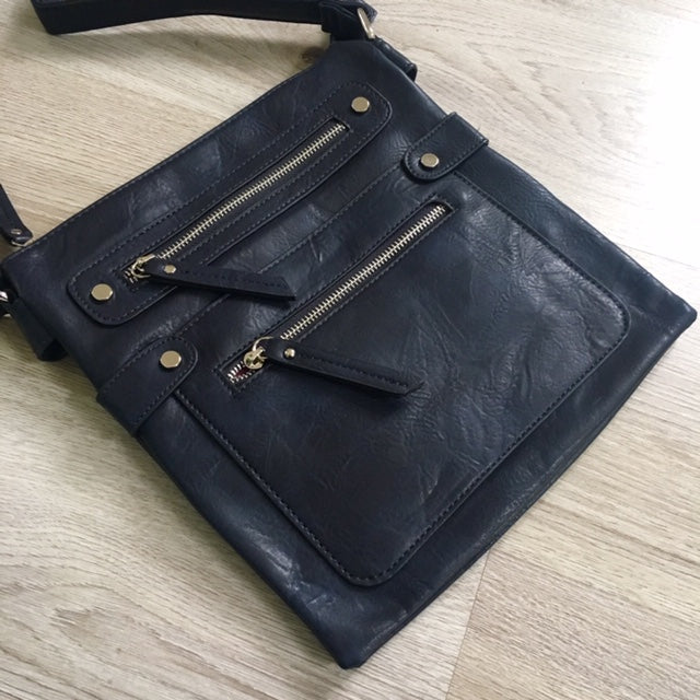 A-SHU LARGE NAVY BLUE MULTI COMPARTMENT CROSSBODY BAG WITH LONG STRAP - A-SHU.CO.UK