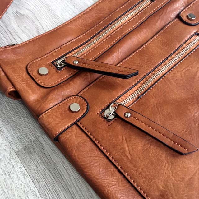 A-SHU LARGE TAN MULTI COMPARTMENT CROSSBODY BAG WITH LONG STRAP - A-SHU.CO.UK