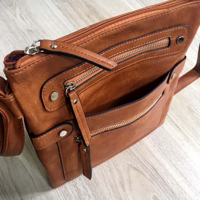 A-SHU LARGE TAN MULTI COMPARTMENT CROSSBODY BAG WITH LONG STRAP - A-SHU.CO.UK