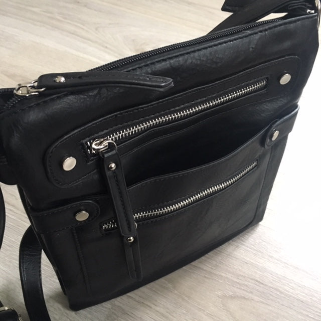 A-SHU LARGE BLACK MULTI COMPARTMENT CROSSBODY BAG WITH LONG STRAP - A-SHU.CO.UK