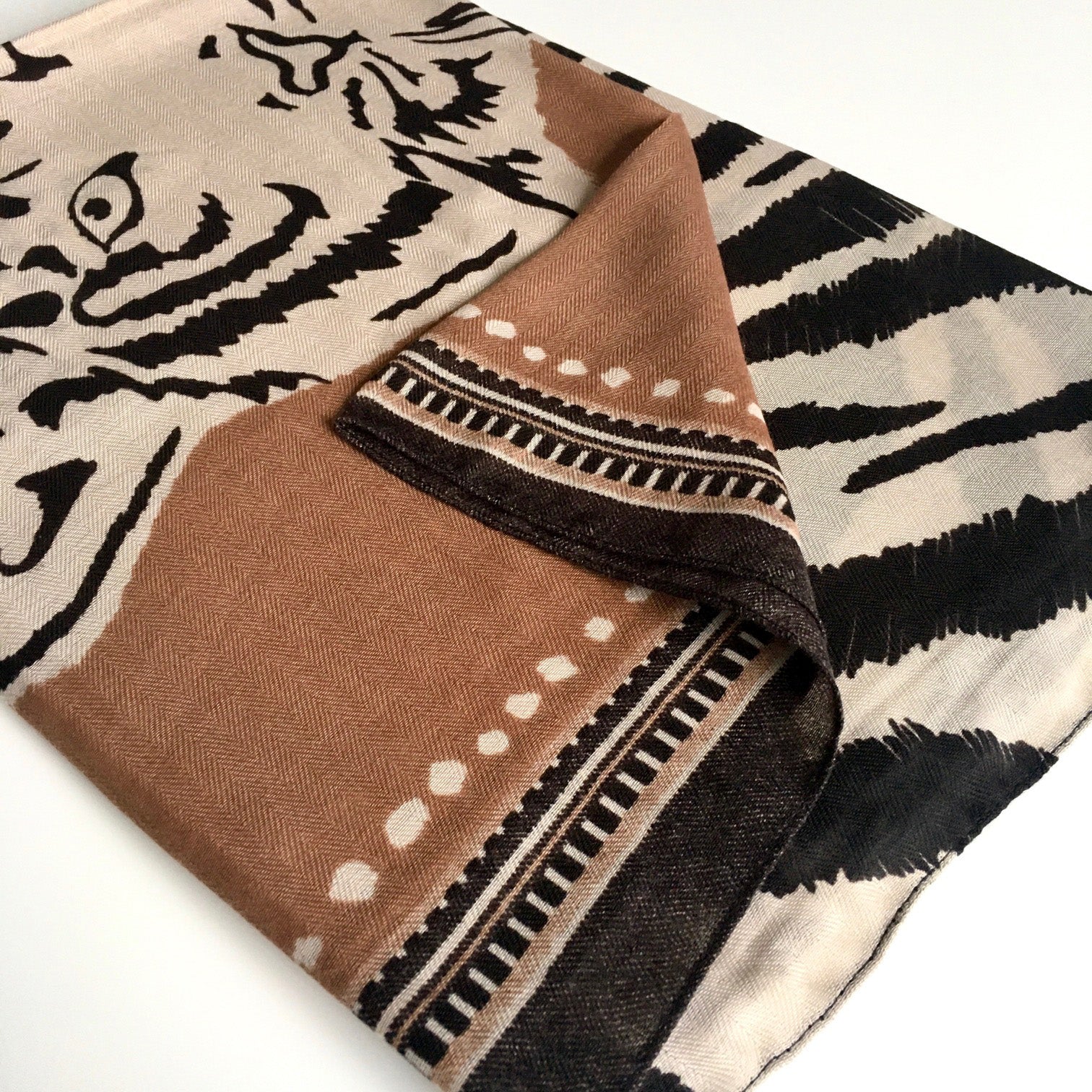 A-SHU LARGE CAMEL COTTON MIX TIGER AND LEOPARD PRINT SHAWL SCARF - A-SHU.CO.UK