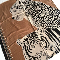 A-SHU LARGE CAMEL COTTON MIX TIGER AND LEOPARD PRINT SHAWL SCARF - A-SHU.CO.UK