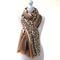A-SHU LARGE CAMEL COTTON MIX TIGER AND LEOPARD PRINT SHAWL SCARF - A-SHU.CO.UK