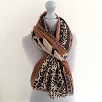 A-SHU LARGE CAMEL COTTON MIX TIGER AND LEOPARD PRINT SHAWL SCARF - A-SHU.CO.UK