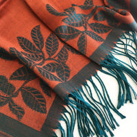 LARGE ORANGE TEAL LEAF PRINT REVERSIBLE PASHMINA SHAWL SCARF