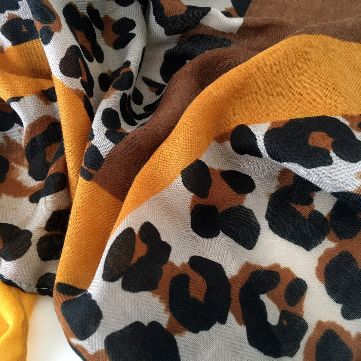 A-SHU LARGE MUSTARD YELLOW BLOCK PRINT LEOPARD PRINT SHAWL SCARF - A-SHU.CO.UK
