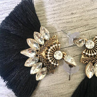 A-SHU BLACK LARGE DIAMANTE TASSEL / FRINGE EARRINGS - A-SHU.CO.UK