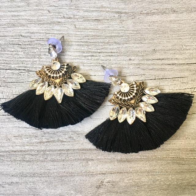 A-SHU BLACK LARGE DIAMANTE TASSEL / FRINGE EARRINGS - A-SHU.CO.UK