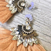 A-SHU NUDE CAMEL LARGE DIAMANTE TASSEL / FRINGE EARRINGS - A-SHU.CO.UK