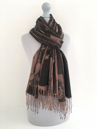 A-SHU BLACK BRONZE REVERSIBLE PASHMINA SHAWL SCARF IN ABSTRACT FLORAL PRINT - A-SHU.CO.UK