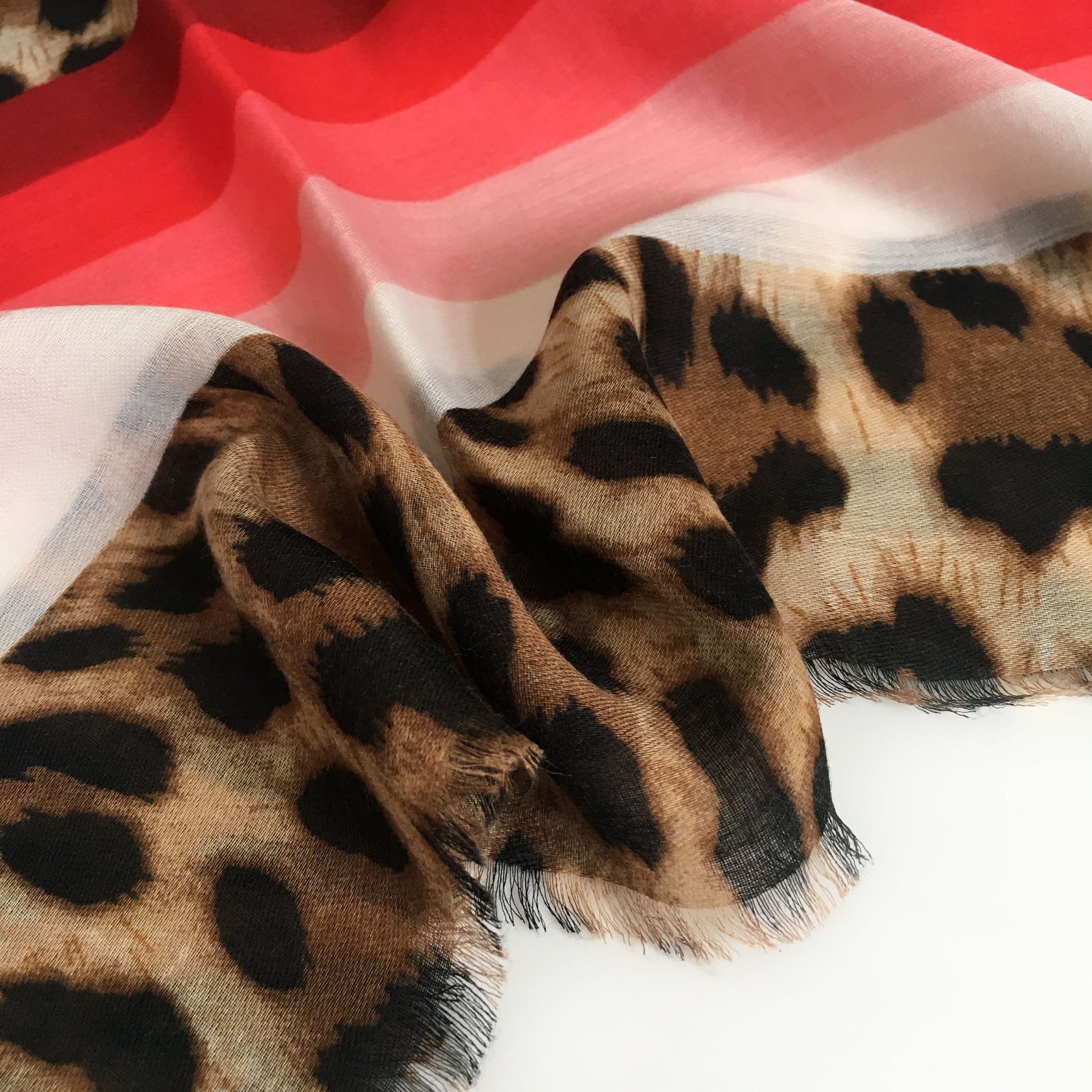 A-SHU LARGE LEOPARD PRINT SHAWL SCARF WITH RED STRIPES - A-SHU.CO.UK