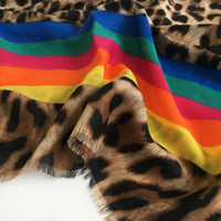 A-SHU LARGE LEOPARD PRINT SHAWL SCARF WITH MULTI COLOUR RAINBOW STRIPES - A-SHU.CO.UK