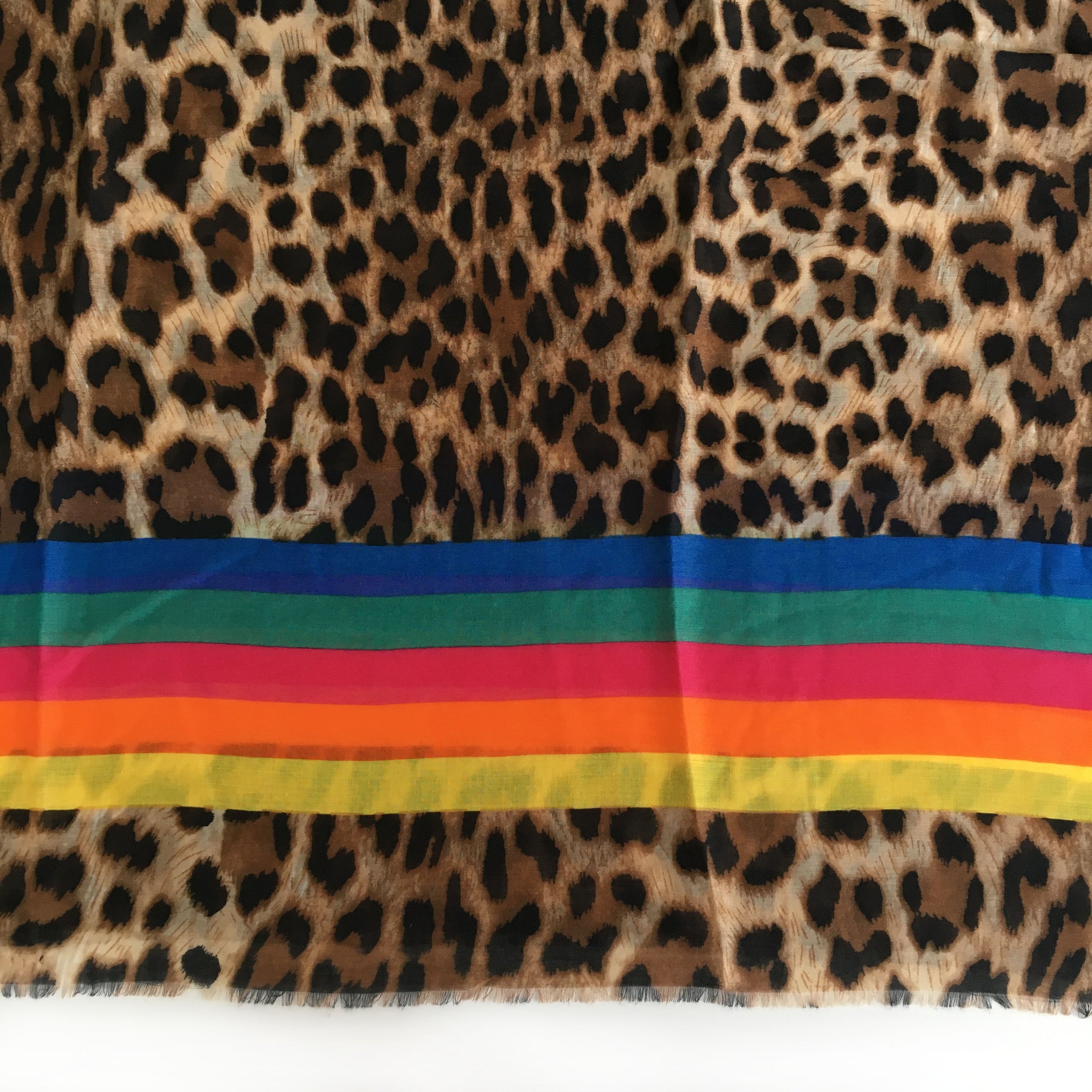 A-SHU LARGE LEOPARD PRINT SHAWL SCARF WITH MULTI COLOUR RAINBOW STRIPES - A-SHU.CO.UK