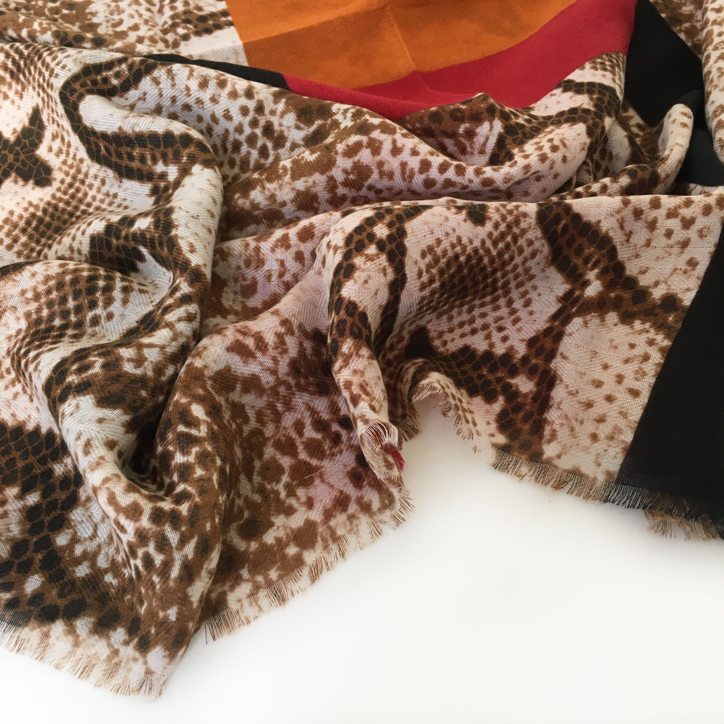 A-SHU LARGE RED BLOCK PRINT SNAKESKIN SHAWL SCARF - A-SHU.CO.UK